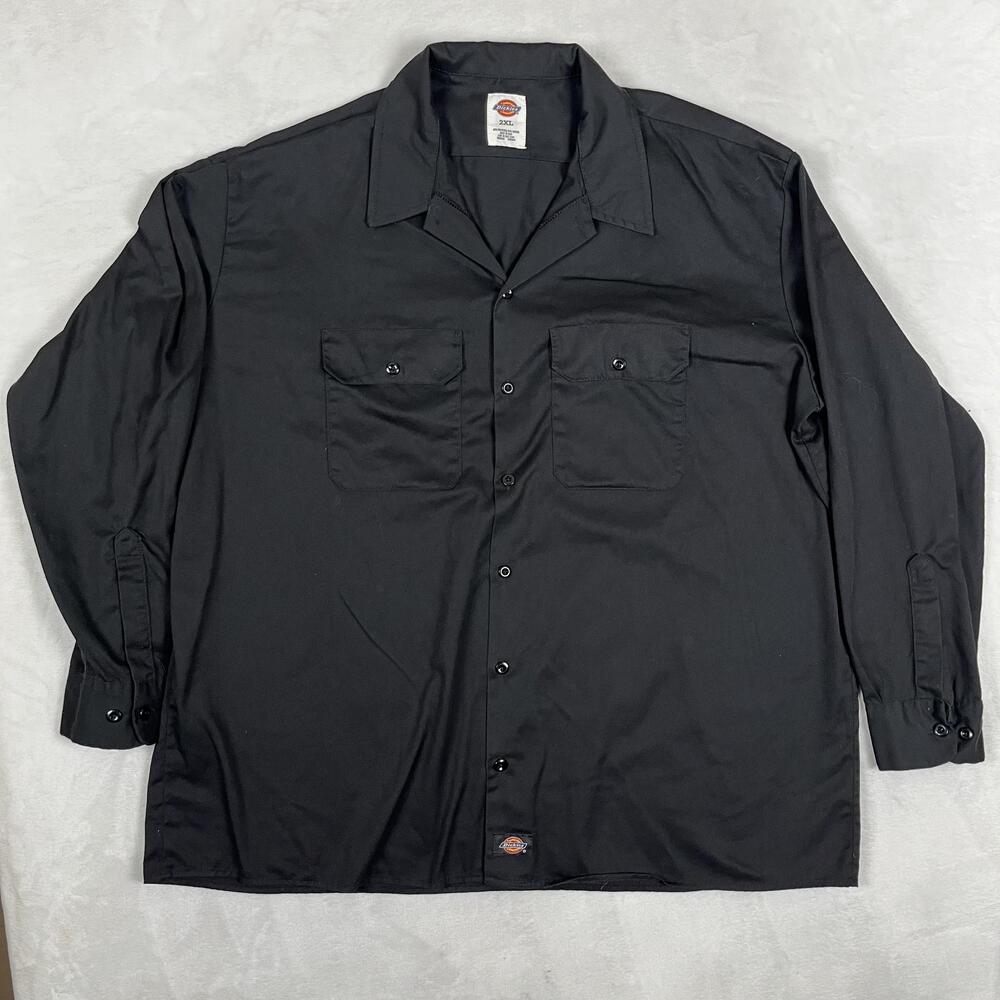 Dickies Shirt Mens 2XL Black Solid Long Sleeve Button Front Workwear Uniform